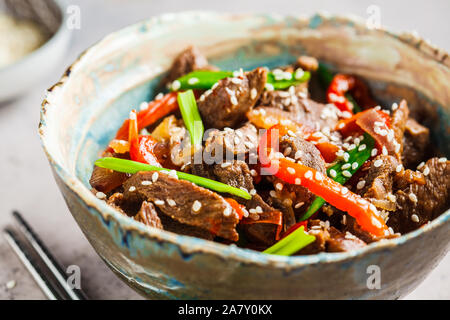 Boeuf Teriyaki asiatique avec les oignons verts et les graines de sésame dans un beau bol, fond gris. Banque D'Images