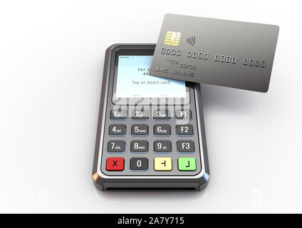 Une carte de débit portable machine avec une carte bancaire sur l'écran et de leurs transactions sur un arrière-plan blanc isolé studio - 3D render Banque D'Images