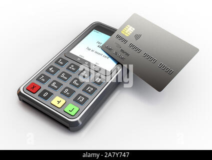 Une carte de débit portable machine avec une carte bancaire sur l'écran et de leurs transactions sur un arrière-plan blanc isolé studio - 3D render Banque D'Images