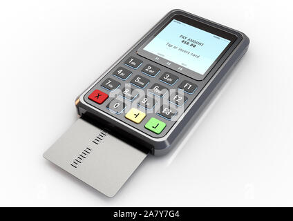 Une carte de débit portable machine avec une carte bancaire inséré et des transactions sur un arrière-plan blanc isolé studio - 3D render Banque D'Images