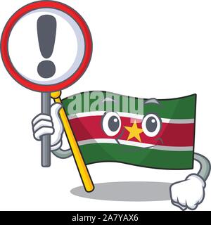 Heureux d'un drapeau suriname avec avertissement signe avec le dessin animé Illustration de Vecteur