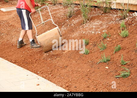 Un homme avec un rouleau au travail du sol Banque D'Images