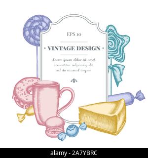 La conception d'un insigne avec macaron pastel, sucette, bonbons, sucette, cheesecake, tasses donut images illustrations Illustration de Vecteur