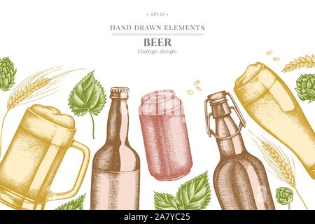 Conception avec le seigle, pastel, hop, bière, bouteilles de bière, l'aluminium peut images illustrations Illustration de Vecteur