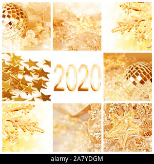 En 2020, golden ornements de Noël et nouvel an carrés collage holiday Greeting card Banque D'Images