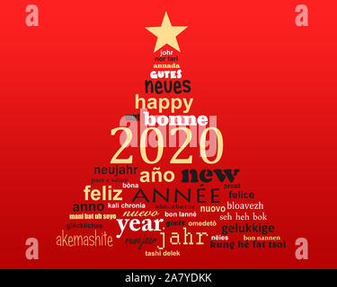2020 Nouvelle année d'or nuage de mots de texte multilingue carte de souhaits sous la forme d'un arbre de Noël Banque D'Images