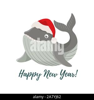 Joyeux Noël et Bonne Année. Cartoon smiling isolés dans une baleine red Christmas hat. Cute vector Illustration de Vecteur