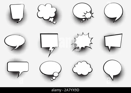 Jeu de bulles de bande dessinée rétro demi-teinte avec ombres sur fond blanc. Illustration vectorielle, vintage design, pop art style. Illustration de Vecteur