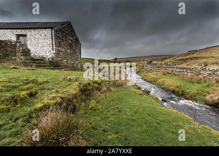 La télécommande et le sombre hill farm à haute Beck, Chef de la région de Teesdale, UK Banque D'Images