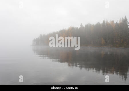 Scape le lac et forêt brumeuse rive opposée à l'aube Banque D'Images