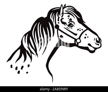 Portrait de décoration monochrome dans le profil de poney dans la bride, vector illustration isolé en couleur noir sur fond blanc. Droit pour la conception et de tat Illustration de Vecteur