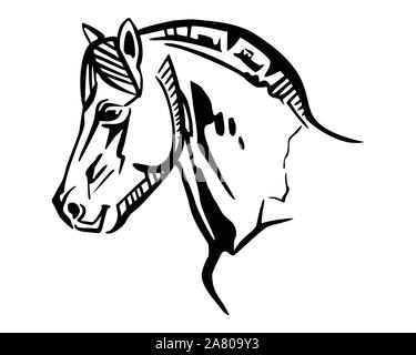 Portrait de décoration monochrome dans le profil de cheval, vector illustration isolé en couleur noir sur fond blanc. Droit pour la conception et de tatouage. Illustration de Vecteur