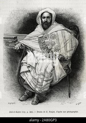 Portrait d'Abd El Kader (1808-1883) et Emir Sultan algerien, theologien maître soufi, homme politique et résistant militaire face à une l'armée coloniale francai Banque D'Images