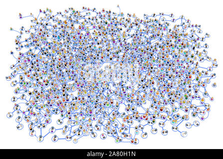 Foule de petites figures 3d symbolique reliés par des lignes, les utilisateurs d'ordinateur portable système multicouches complexes edge, sur fond blanc, horizontal, isolé Banque D'Images