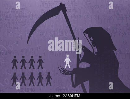 La figure de l'ombre mort Grim Reaper holding personne, la réalité virtuelle du cyberespace abstract 3d illustration, horizontal Banque D'Images