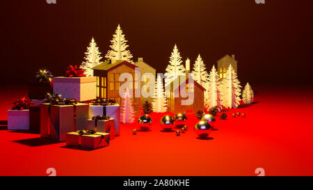 Cadeaux de Noël, sur l'arrière-plan de home-made paper crafts, jouets de Noël et de décoration bougeoirs sur fond rouge et nuit li Banque D'Images