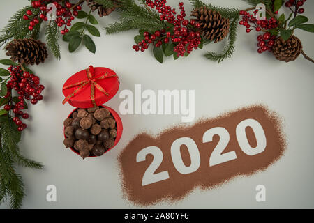 Nous nous félicitons de l'année 2020 avec une boîte de chocolats et des truffes au chocolat, des ananas, des branches de houx et de poudre de cacao sur un fond blanc. Banque D'Images