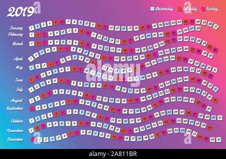 2019 Calendrier mensuel avec des lignes courbes et soigneusement marqué jours pour planification facile Illustration de Vecteur