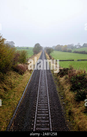 Ligne de chemin de fer à voie unique sur un matin d'automne brumeux Banque D'Images