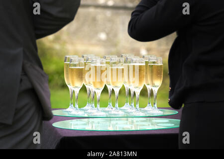 Un plateau de verres de lunettes ou rempli de champagne et en attente d'être prises par des invités lors d'une réception de mariage Banque D'Images