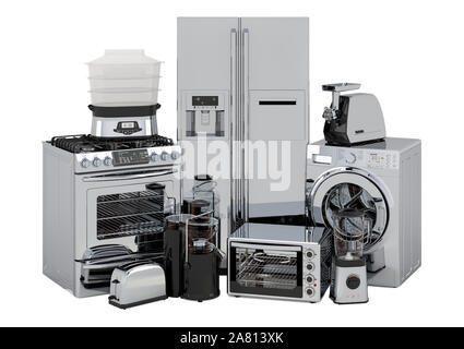 Ensemble de cuisine et électroménagers de couleur argent, rendu 3D isolé sur fond blanc Banque D'Images