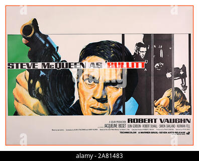 Vintage UK film movie poster pour le film de Steve McQueen "Bullitt" (1968).Bullitt est un film d'action américain de 1968 réalisé par Peter Yates et produit par Philip D'Antoni. La photo stars Steve McQueen, Robert Vaughn, et Jacqueline Bisset. Le scénario par Alan R. Trustman et Harry Kleiner a été fondée sur le roman de 1963, témoin muet, par Robert L. Poisson, écrit sous le pseudonyme de Robert L. Pike. Lalo Schifrin a écrit l'original score d'inspiration jazz, organisé pour cuivres et percussions. Banque D'Images