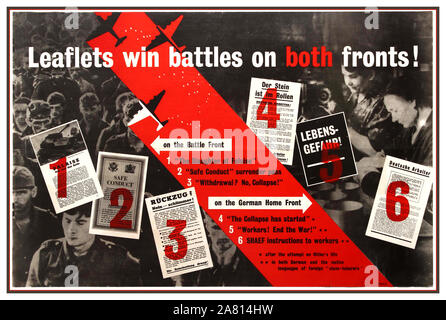 Vintage WW2 Français La Seconde Guerre mondiale affiche de propagande notice drop : 'Leaflets gagner des batailles sur les deux fronts !' Cette affiche dispose d'exemplaires de brochures sur les photographies en noir et blanc montrant des soldats allemands sur le front de bataille contrastaient avec les familles sur l'allemand avant à la maison. Notice aéroporté est une forme de propagande de guerre psychologique dans lequel des dépliants (flyers) sont dispersés dans l'air. Utiliser des aéronefs des forces militaires d'abandonner des tracts pour tenter de modifier le comportement des combattants et non-combattants dans le territoire contrôlé par l'ennemi, parfois en collaboration avec des frappes aériennes. WW2 Seconde Guerre mondiale Banque D'Images