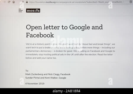 Une lettre ouverte de Mozilla et d'autres militants à Facebook et Google pour demander l'interdiction de publicité politique avant l'élection générale BRITANNIQUE Banque D'Images