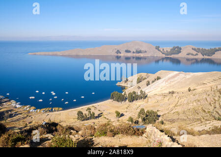 Vue panoramique de la Communauté Yumani sur la partie sud de l'île du soleil au lac Titicaca, en Bolivie Banque D'Images