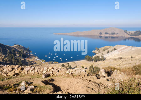 Vue panoramique de la Communauté Yumani sur la partie sud de l'île du soleil au lac Titicaca, en Bolivie Banque D'Images