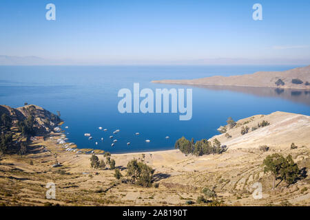 Vue panoramique de la Communauté Yumani sur la partie sud de l'île du soleil au lac Titicaca, en Bolivie Banque D'Images