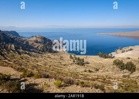 Vue panoramique de la Communauté Yumani sur la partie sud de l'île du soleil au lac Titicaca, en Bolivie Banque D'Images