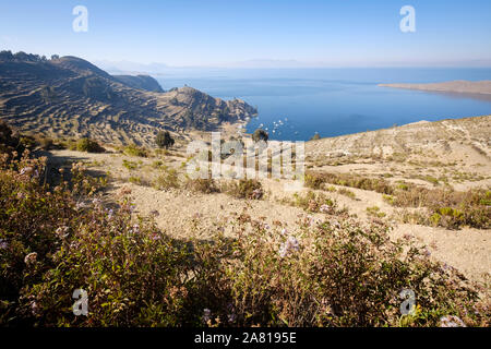 Vue panoramique de la Communauté Yumani sur la partie sud de l'île du soleil au lac Titicaca, en Bolivie Banque D'Images