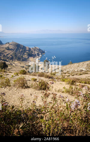 Vue panoramique de la Communauté Yumani sur la partie sud de l'île du soleil au lac Titicaca, en Bolivie Banque D'Images