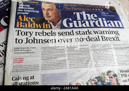 'Rebelles conservateurs envoyer un sérieux avertissement à Johnson sur no-face Brexit' front page Guardian manchettes le 18 juillet 2019 Londres Angleterre Royaume-uni Banque D'Images