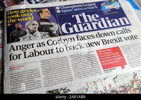 'Colère comme Corbyn est orientée vers le bas pour les appels à la main-d'œuvre retour nouveau Brexit vote" en mai 2019 du journal journal The Guardian Londres Angleterre Royaume-uni Banque D'Images