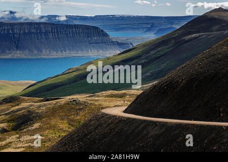 Route de gravier serpente à travers un paysage volcanique, près de Hrafnseyri, Westfjords, Islande Banque D'Images