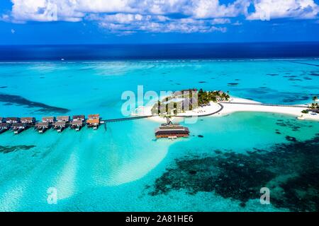 Vue aérienne, lagon de l'île des Maldives Maadhoo, South-Male-Atoll, Maldives Banque D'Images