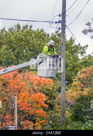 Un travailleur d'une tour d'ascenseur, des lignes de câble électrique et les réparations, après une forte tempête a fait des dommages dans le Michigan USA Banque D'Images