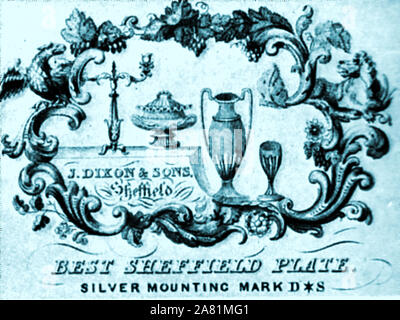 L'industrie de Sheffield Silver Plaque - marqueur de J Dixon & Sons. Une de leurs premières marques est une trompette avec une bannière accrochée à elle. Ils ont été fondé en 1806 à Sheffield et devint l'un des principaux fabricants britanniques dans la révolution industrielle du xixe siècle. Ils étaient également bien connu en tant que fabricant des Etains ware. Banque D'Images