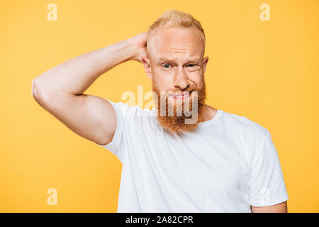 Beau portrait d'homme barbu confus, isolé sur fond jaune Banque D'Images