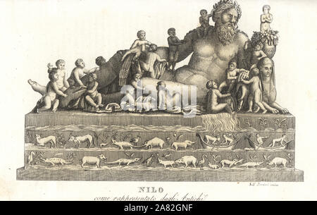 Statue allégorique classique du Nil, avec vieil homme et cornucopia, au-dessus des images de crocodiles, hippopotames, etc. coloriée à la gravure sur cuivre par Andrea Bernieri de Giulio Ferrrario Costumes d'Antique et de moderne de tous les peuples (Il Costume Antico e Moderno di tutti i Popoli), Florence, 1843. Banque D'Images