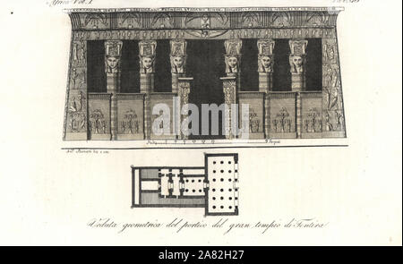 Plan d'élévation et du Temple d'Hathor à Dendérah (Tentyra) Temple complexe. La gravure sur cuivre coloriée par Andrea Bernieri de Giulio Ferrrario Costumes d'Antique et de moderne de tous les peuples (Il Costume Antico e Moderno di tutti i Popoli), Florence, 1843. Banque D'Images