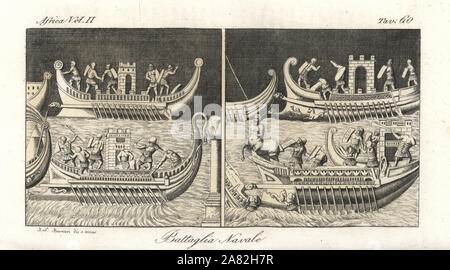 Bataille navale entre les navires Carthaginois et Romains avec différents béliers et prows, y compris un centaure. Dessiné et gravé sur cuivre coloriée par Andrea Bernieri de Giulio Ferrario's costumes anciens et modernes de tous les peuples du monde, Florence, Italie, 1843. Banque D'Images