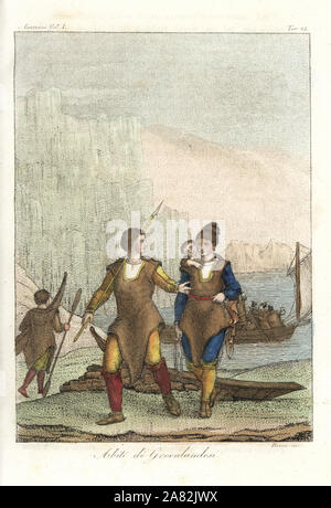 Inuit (Esquimau) dans la famille des vêtements en peau de phoque, et l'homme avec kayak Randonnée pédestre d'un bateau de pêche au Groenland. La gravure sur cuivre coloriée par Ricci de Giulio Ferrario's costumes anciens et modernes de tous les peuples du monde, Florence, Italie, 1837. Banque D'Images