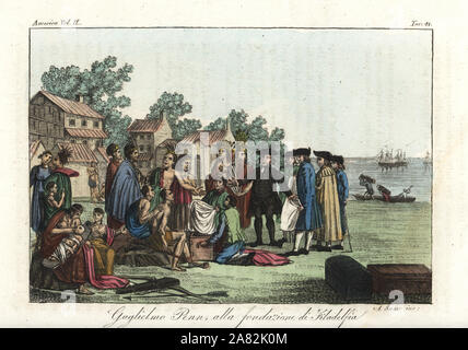 William Penn et les Amérindiens à la fondation de Philadelphie. La gravure sur cuivre coloriée par Sasso d'après William Penn est traité avec les Indiens par Benjamin West de Giulio Ferrario's costumes anciens et modernes de tous les peuples du monde, Florence, Italie, 1837. Banque D'Images