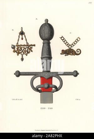 Sword couilles en fer décoré d'argent, doré et un tuyaux de chasse décoré de saphirs B et un crocodile C. chromolithographie de Hefner-Alteneck les costumes, Œuvres et appareils du Moyen-Âge au 17ème siècle, Francfort, 1889. Illustration par le Dr Jakob Heinrich von Hefner-Alteneck, lithographiée par C. Regnier. Le Dr Hefner-Alteneck (1811-1903), était un conservateur de musée, archéologue, historien de l'art, illustrateur et graveur. Banque D'Images