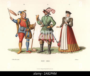 Knight (reiter) avec des roues-lock pistol et un harem pants, jester avec vessie et marotte (hochet), B, et d'une jeune fille à long jupon et tablier de Strasbourg C. Banque D'Images