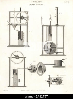 De l'eau anciennes horloges ou clepsydrae. La gravure sur cuivre par Wilson Lowry D'après un dessin de John Farey d'Abraham Rees' Cyclopedia ou Dictionnaire Universel des Sciences, des arts et de la littérature, Longman, Hurst, Rees, Orme et Brown, Londres, 1819. Banque D'Images