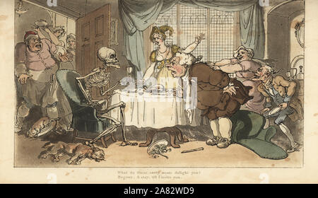 Le squelette de la mort avec dart et hourglass vient pour le glouton comme il fêtes au dîner. Dessiné et gravé sur cuivre coloriée par Thomas ROWLANDSON à partir de la danse de mort, Ackermann, Londres, 1816. Banque D'Images